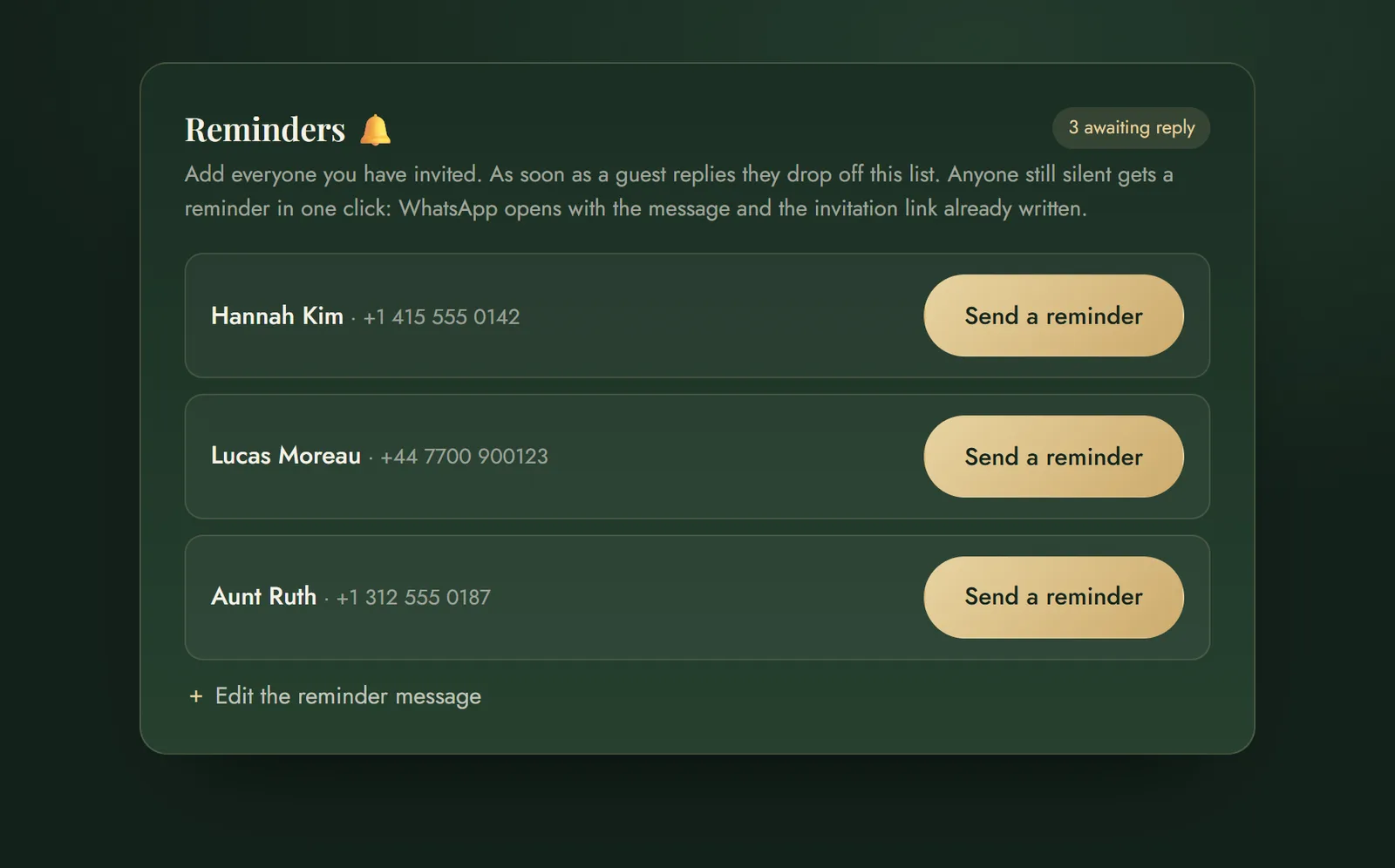 The reminders panel listing guests who have not replied yet, each with a one-click message button