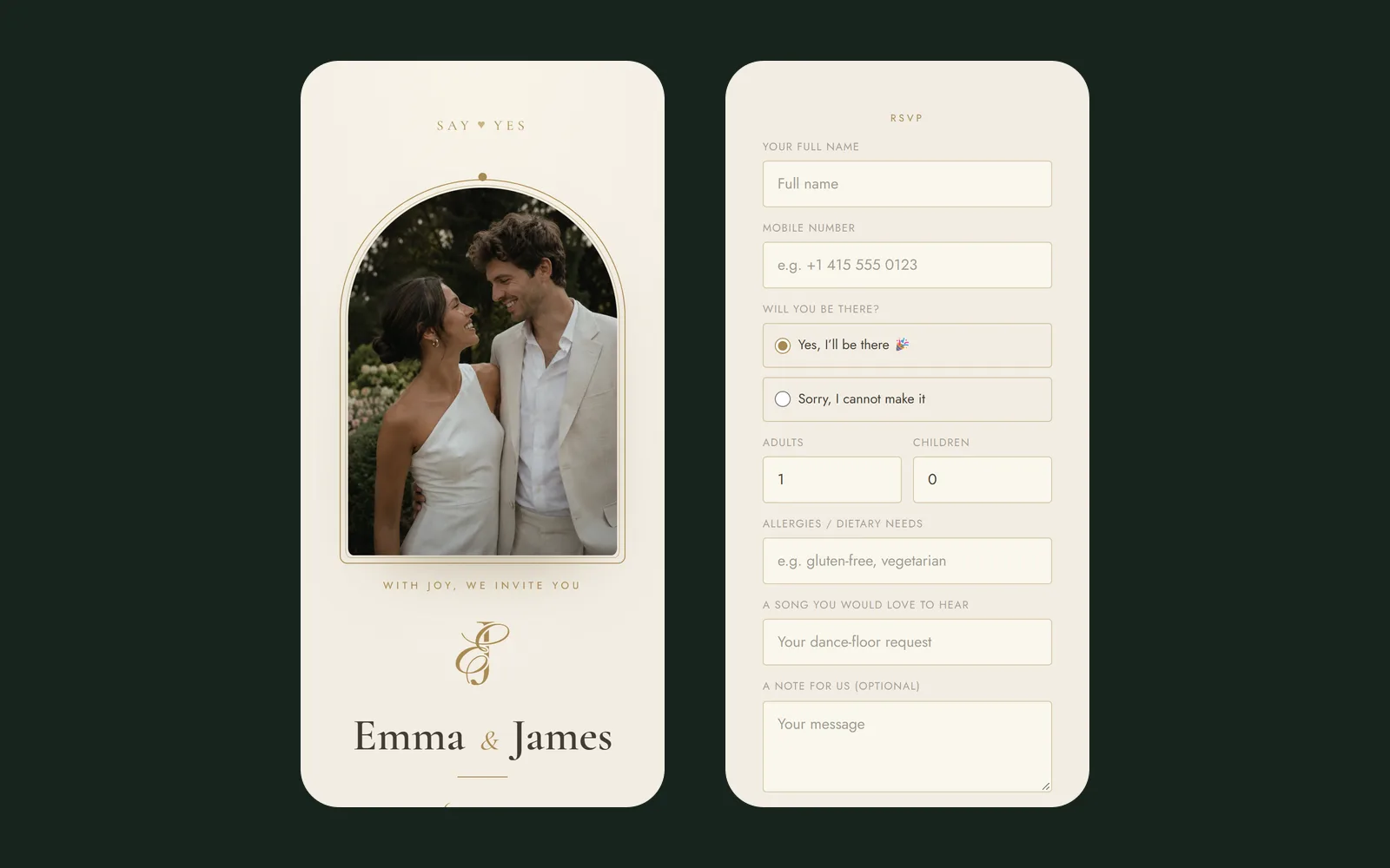 Two phone screens of a digital wedding invitation: the top of the invitation with the couple's photo in an arch and their names, and the RSVP form with attendance, adults, children, dietary needs and a song request