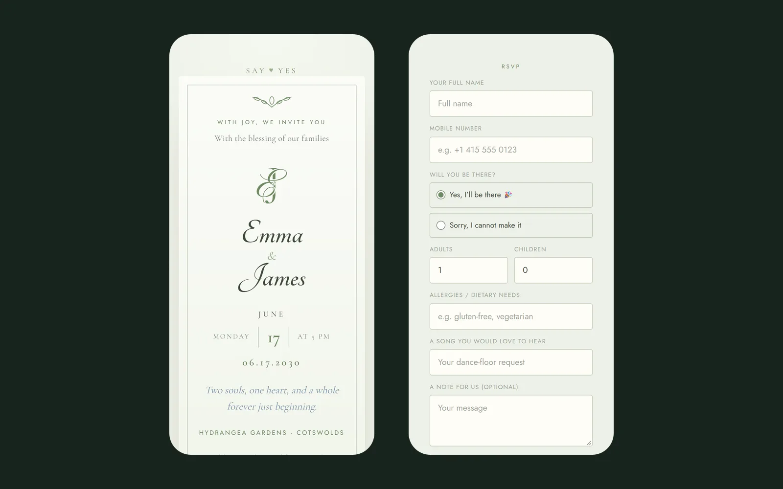 A digital wedding invitation on a phone next to its RSVP form, asking for the guest's name, whether they are coming, the number of adults and children, dietary needs, a song request and an optional note