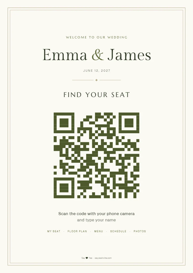 A “Find your seat” QR sign in the olive style, with the couple’s names and a QR code